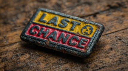 Vintage rusty metal badge with bold Last Chance text on wooden surface