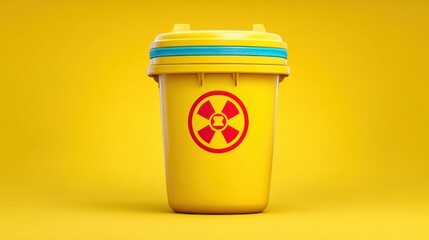 Bright yellow hazardous waste container with biohazard symbol on a vibrant background for environmental safety and industrial themes