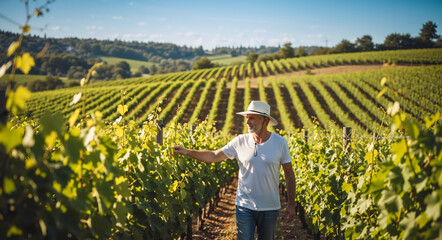A mature farmer inspecting grapevines in a sunny vineyard. Man working on a rural farm during the summer. Agriculture and winemaking concept