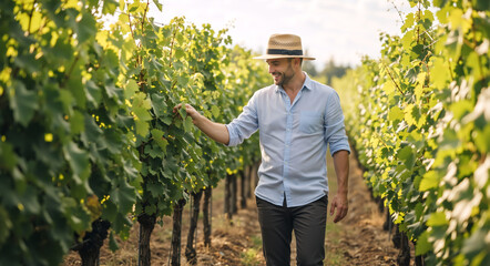 A smiling farmer in a hat walks through a vineyard inspecting the grapevines. A male winemaker checks the crop in a sunlit rural field during the summer season