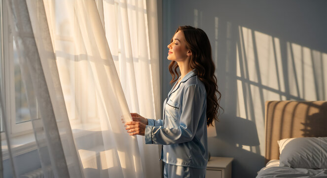 Happy young woman in pajamas enjoying the morning sunlight by the window. A fresh start to a new day at home in a cozy bedroom - Powered by Adobe