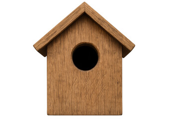 Birdhouse wood nest box showing natural texture and round entrance for birds, isolated on transparent background