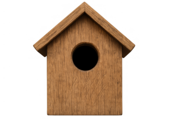 Birdhouse wood nest box showing natural texture and round entrance for birds, isolated on transparent background