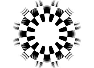 Round vector pattern of black pixels on a white background. Modern design element for advertising, interior, packaging, games. Vector background. Checkered flag style. Target. Halftone on the edges