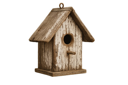 Weathered wooden birdhouse with peeling white paint and rustic charm, providing a home for garden birds on a transparent background - Powered by Adobe