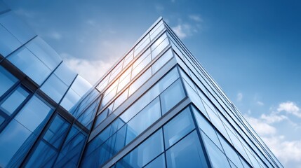 Modern Glass Building with Sharp Angular Design Under Clear Blue Sky and Bright Sunlight Illuminating Reflective Facade in Urban Environment