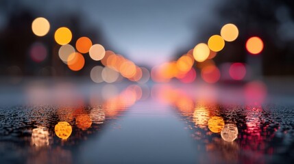 Abstract city night scene with vibrant bokeh lights reflecting on wet pavement after rain, creating a dreamy and colorful urban atmosphere