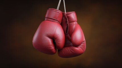 Red Leather Boxing Gloves Hanging Against a Dark Background for Sports and Fitness Themes