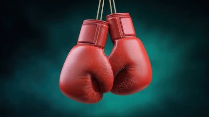 Red boxing gloves hanging against a blurred teal background, capturing the essence of sport, competition, and determination in high-resolution detail.