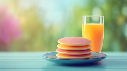 Colorful Pancakes Stacked on Plate Next to Glass of Fresh Orange Juice Surrounded by Nature in Morning Light