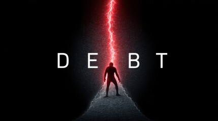 Fototapeta premium Conceptual illustration depicting the struggle with debt, featuring a silhouetted figure under a striking red lightning bolt, symbolizing financial challenges