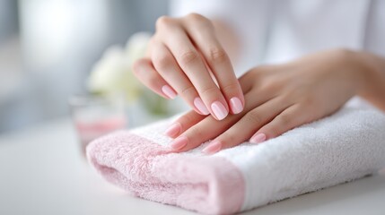 Manicure process with beautifully polished nails on a soft towel in a beauty salon, showcasing relaxation and self-care in a serene environment