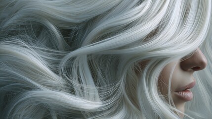 Naklejka premium Woman with long wavy hair styled in white color looks away with soft light highlighting strands in a studio setting. Cloud dancer trend color 2026