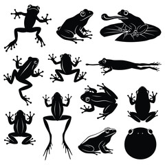 Black frog silhouettes set in various poses and artistic styles