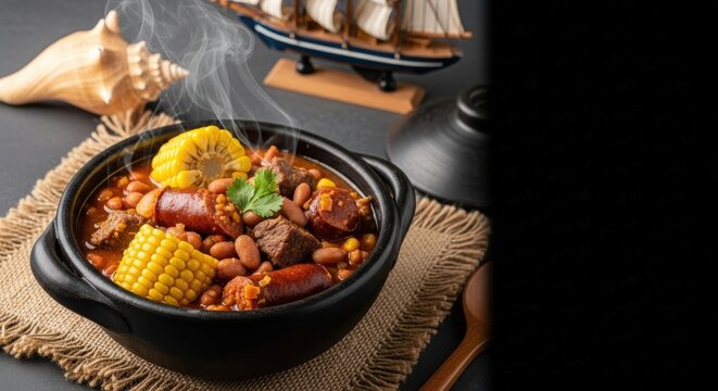 Ultra-Realistic Cape Verdean Cachupa Rica &ndash; Hearty Beef & Sausage Stew in Volcanic Clay Pot on Panu di Terra