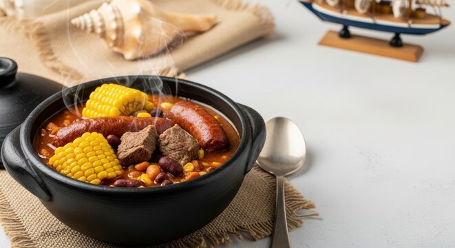 Ultra-Realistic Cape Verdean Cachupa Rica &ndash; Hearty Beef & Sausage Stew in Volcanic Clay Pot on Panu di Terra