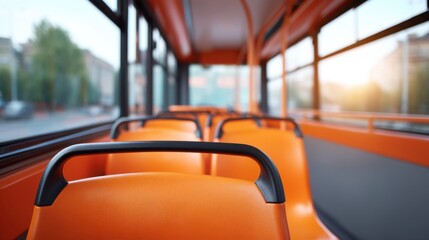 Fototapeta premium Interior View of a Public Bus Showcasing Empty Orange Seats Against a Softly Lit Background in the Early Morning or Late Afternoon Light