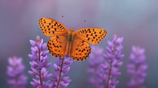 Vibrant Orange Butterfly Perched on Purple Flowers with Soft Focus Background Showcasing Nature's Beauty and Delicate Color Contrast in a Serene Environment - Powered by Adobe