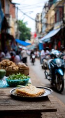 Fototapeta premium Crispy flatbread stack displayed on metal plate, fresh greens nearby, busy Asian market street bustles, people on scooters.