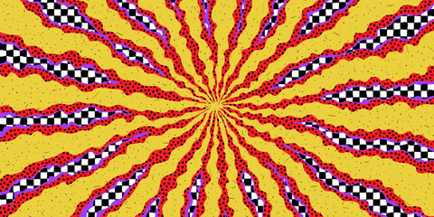 Sunburst background with checkered and dotted groovy rays in yellow, red, black, and purple. Psychedelic punk pattern with dynamic radial motion. Vector illustration
