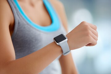 Woman wearing fitness tracker on wrist, checking workout progress during intense physical activity.