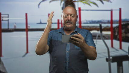 Man holding tablet and raising hand while reading from device on street near seaside exercise bars; surprise reaction.