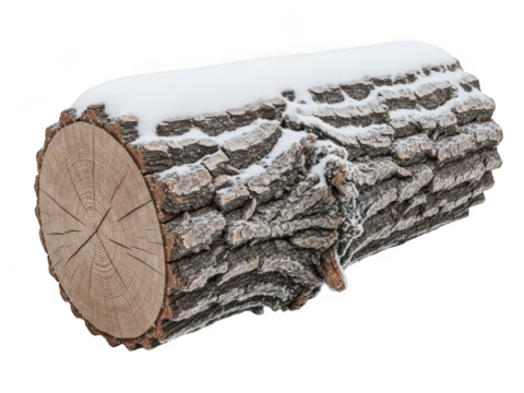 Frosty winter log covered in snow on a black background transparent background