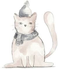 Grumpy cat. Hand drawn cat in winter hat and scarf. Funny Christmas cat. Funny cat sketch