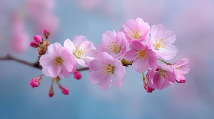 Obraz premium Delicate Pink Cherry Blossom Branch Against a Soft Blue Background with Beautiful Blurred Bokeh in Springtime Nature