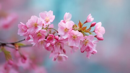 Naklejka premium Delicate Pink Cherry Blossom Branch with Soft Background Colors Celebrating the Beauty of Spring and Nature's Awakening in Floral Aesthetics