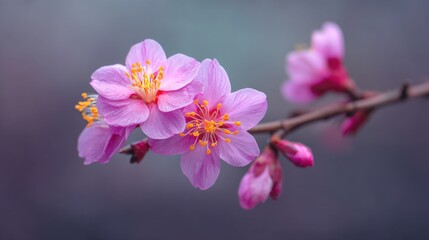 Fototapeta premium Vibrant Pink Cherry Blossom Flowers on a Branch Against a Soft Background with Subtle Hues for Nature and Spring Themes