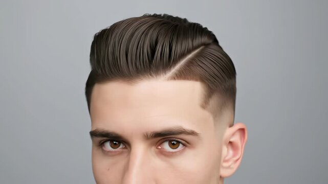 Closeup sequence of men's stylish hair transformation with sleek fade and comb over