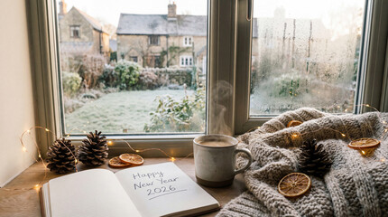 Warm drink and journal by the window in a frost-covered garden with New Year message written on a page