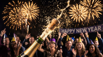 Celebration with champagne and fireworks marking the arrival of the New Year at a lively party in a festive atmosphere with a group of friends