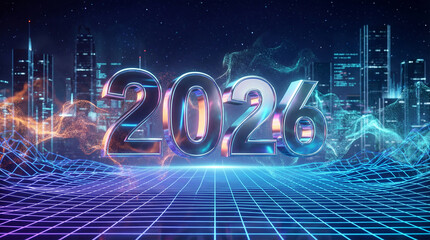 Dynamic digital representation of the year 2026 showing numbers in bright colors amidst a futuristic city landscape at night