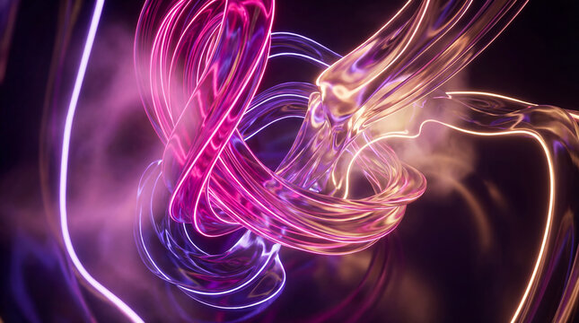 Swirling patterns of light and color create an abstract visual display with flowing shapes and vibrant hues, set against a dark background in modern digital art