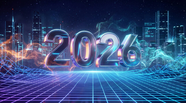 Dynamic digital representation of the year 2026 showing numbers in bright colors amidst a futuristic city landscape at night - Powered by Adobe