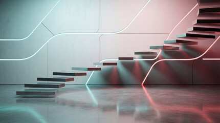 Modern staircase design with unique lighting in an indoor space showcasing a blend of geometric shapes and colors in an artful arrangement