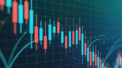 The financial graph shows fluctuations in the stock market with red and blue candlestick patterns