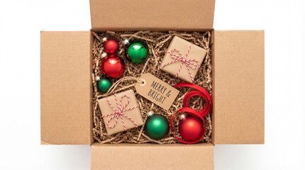 Gift box filled with holiday decorations and presents with a tag saying Merry and Bright for Christmas celebration