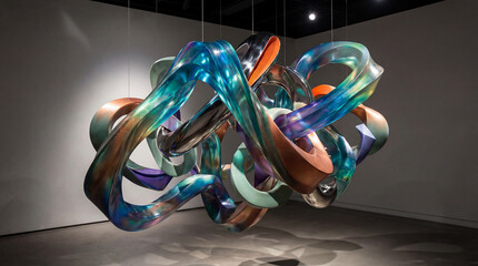Colorful sculptural artwork displayed in an art gallery during an exhibition on modern art showcasing unique design and form