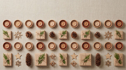 Presents and decorations arranged on a table with candles and natural elements during a festive season celebration
