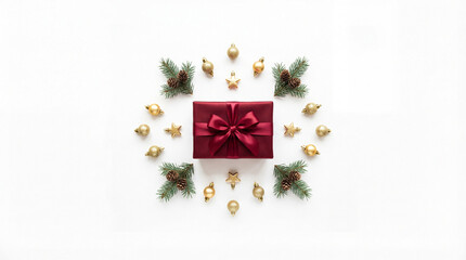 Gift wrapped in red paper with a bow surrounded by holiday decorations on a white background during the Christmas season