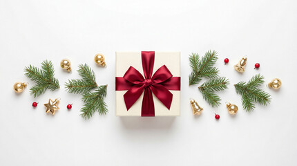 Gift box with red ribbon surrounded by gold ornaments, green pine leaves, and red berries arranged on a white background for the holiday season