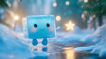 Anthropomorphic character of a melting ice cube carrying a bright Christmas star in a snowy forest giving way to spring