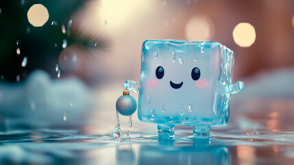 Anthropomorphic character of a melting ice cube with a Christmas ornament symbolizing the end of winter