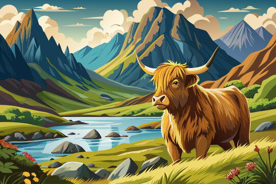 Brown Highland Cattle standing on the beautiful Isle of Skye, Scotland, rugged mountain landscape, grassland, rural wildlife and traditional Scottish nature.