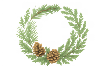 Christmas holiday wreath frame featuring evergreen pine branches and natural brown pinecones, transparent background