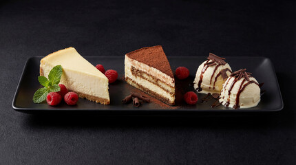 Three dessert slices served on a black plate with fresh mint leaves and red berries at a restaurant during the evening