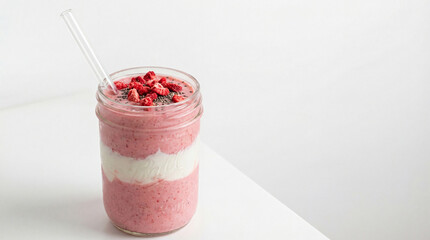 Smoothie with layers of yogurt and raspberries in a glass jar served with a straw on a light background near a white surface